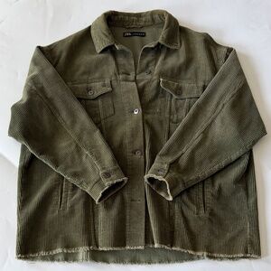 Women's Zara Corduroy Olive Green Shirt Jacket Size L Excellent Condition